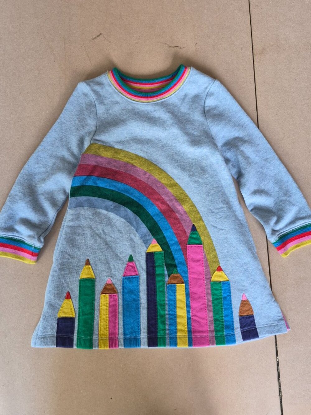 Mini Boden Girls 2-3Y Rainbow Pencil Applique Gray Long Sleeve Dress 98cm